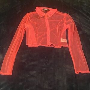 NWT Neon Pink Hera Collection Women's Vibrant Sheer Button-Down Shirt